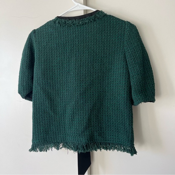 Zara Green Tweed Statement Top Shirt Black Floppy Bow Short Sleeve Woven XS - Picture 5 of 7